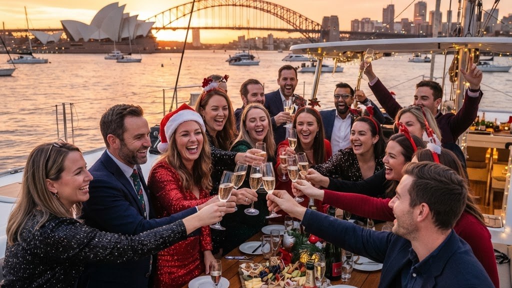 Colleagues toasting with champagne at a Christmas party on a catamaran on Sydney Harbour at sunset