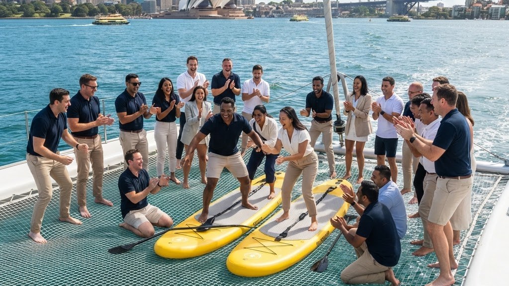 Corporate team building activity on catamaran trampoline nets on Sydney Harbour