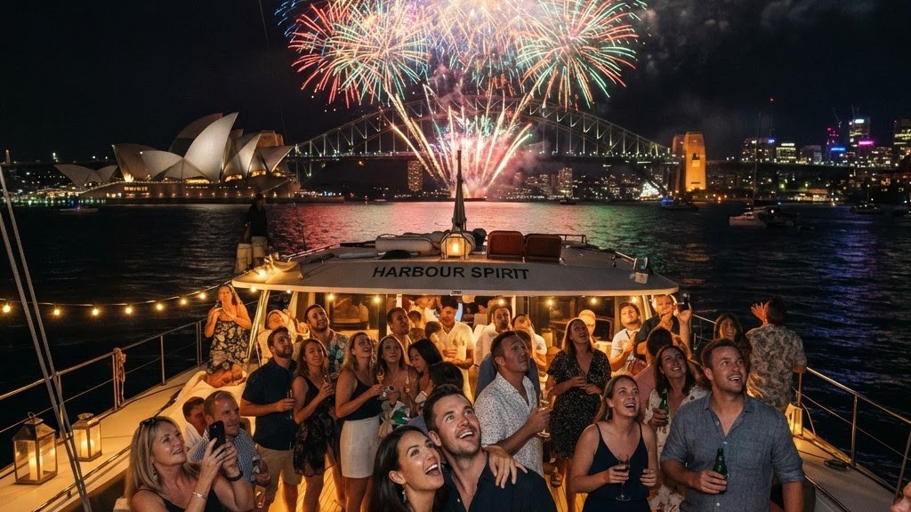 Guests watching New Year's Eve fireworks from the deck of a catamaran on Sydney Harbour