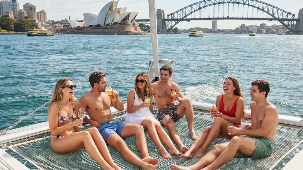 Guests relaxing on a private catamaran charter sailing Sydney Harbour with the city skyline in the background