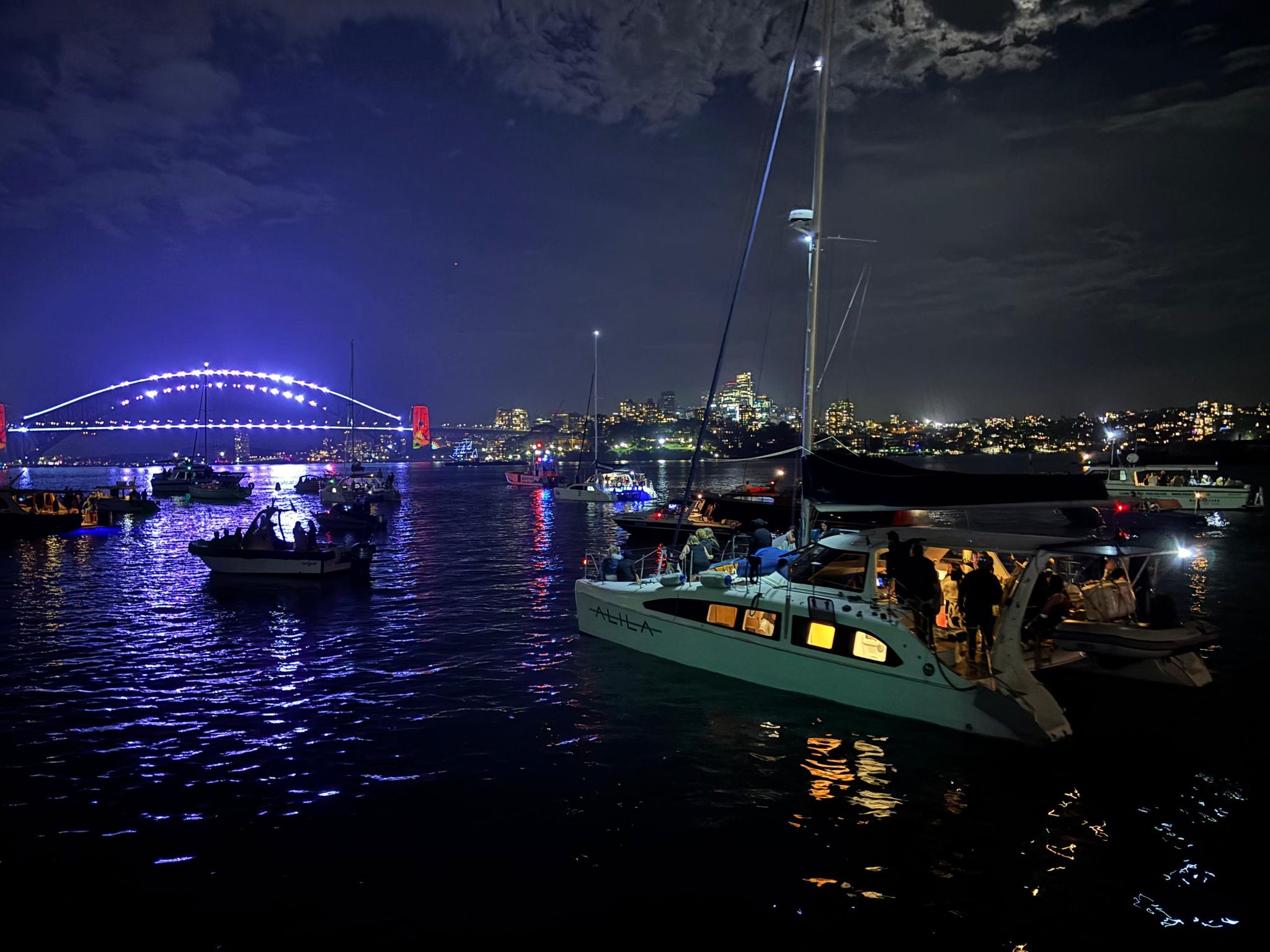 New Year Eve fireworks from a Sydney Harbour catamaran