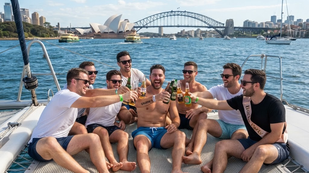 Group of mates toasting beers on the front nets of a catamaran on Sydney Harbour during a bucks party