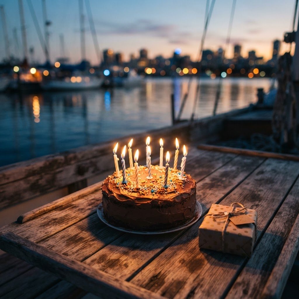 A birthday cake with lit candles on a timber boat deck table with the harbour behind