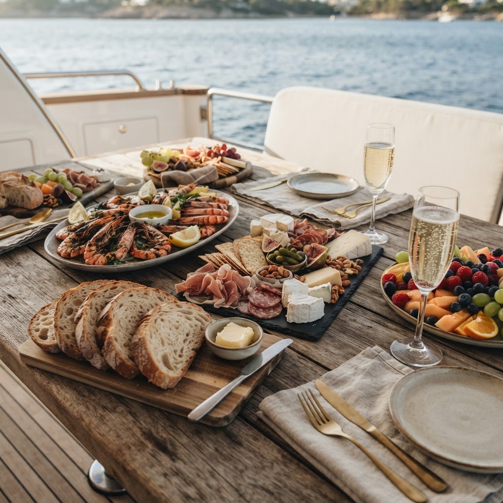 Catering platter of grilled prawns, charcuterie and sparkling wine laid out on a timber table