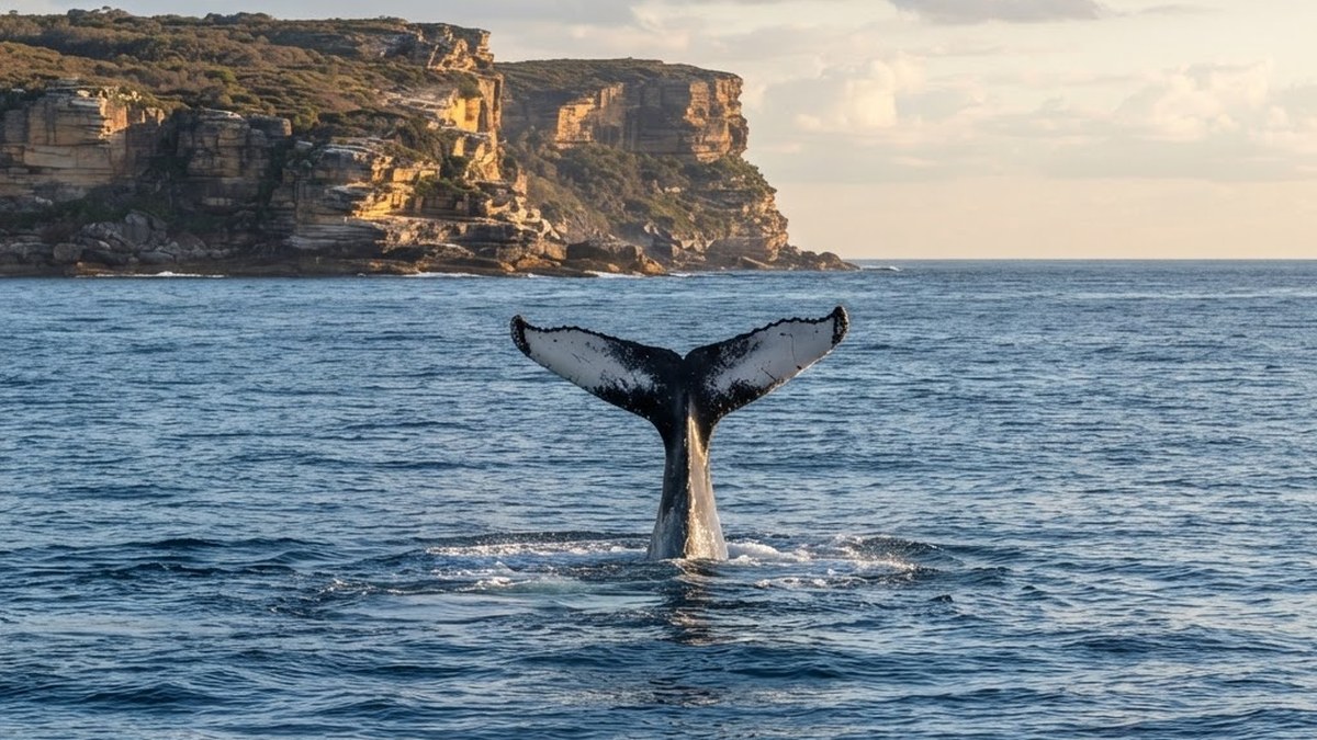 Humpback whale tail fluke lifting above calm blue ocean water as it dives near a sandstone headland