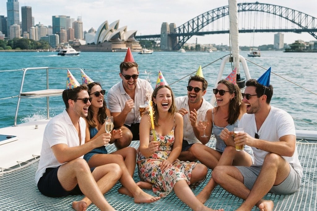 Friends celebrating a birthday with sparkler candles on a catamaran charter deck