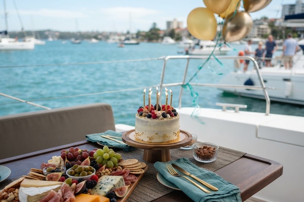 Birthday cake and grazing platter set up for a catamaran hire party on the water