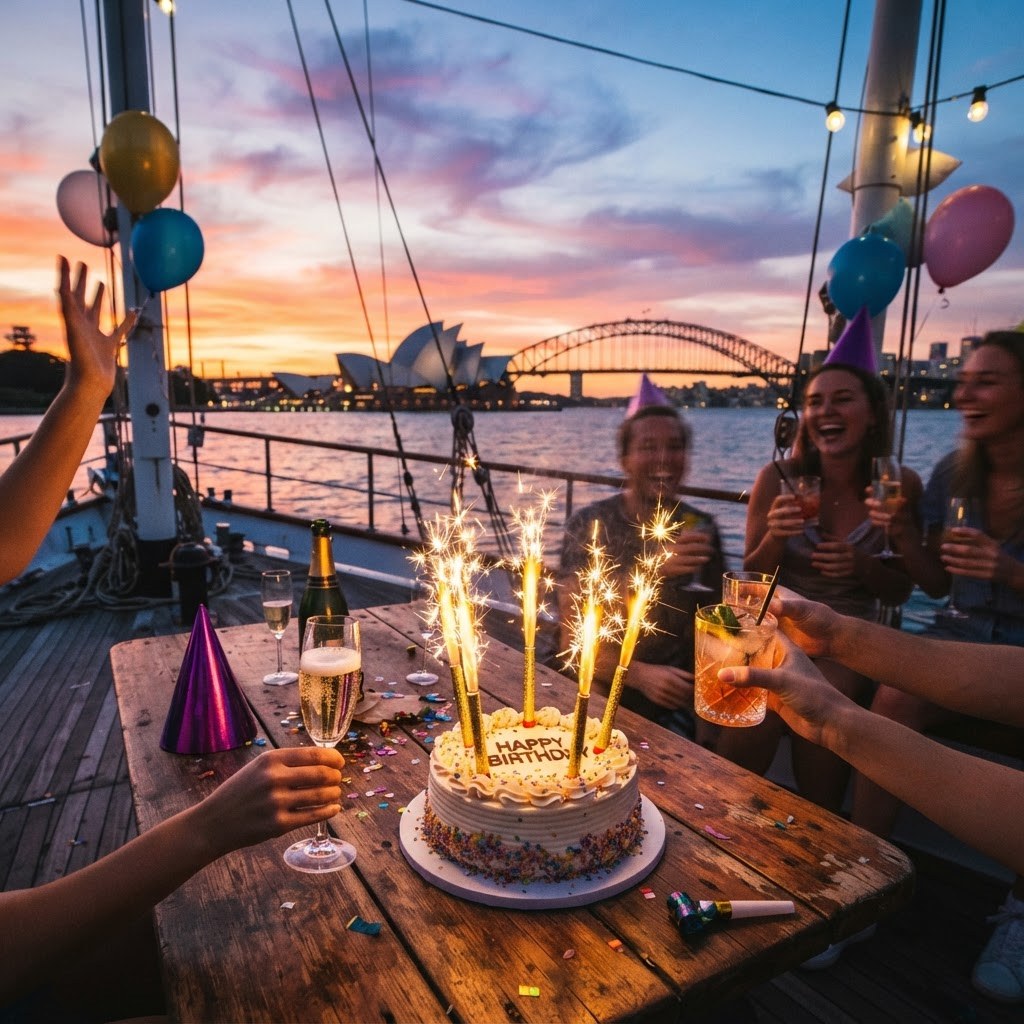 Birthday cake with lit sparklers on a wooden boat table at sunset with balloons and drinks, Sydney Harbour sky behind