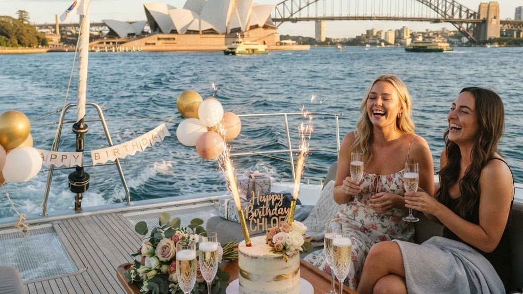 Birthday cake with sparkler candles and champagne on a catamaran bow with the Opera House across the water