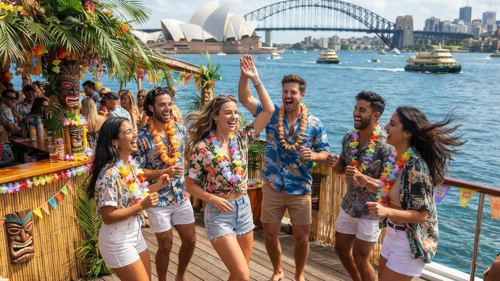 Friends in Hawaiian shirts and leis dancing on a boat deck with tropical decorations on Sydney Harbour