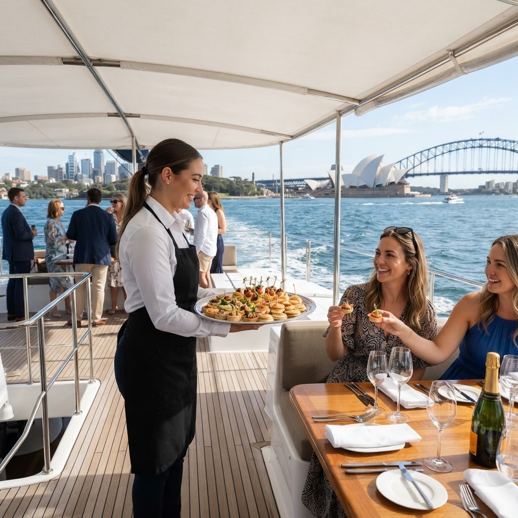 Catering server presenting canapes to guests under a bimini shade on a catamaran deck with the Opera House behind