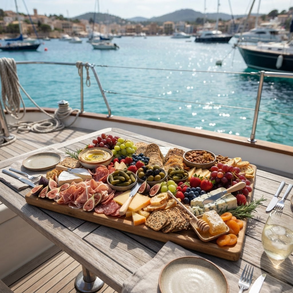 Overhead view of a lavish grazing platter with cheese, prosciutto, figs and olives on a wooden board on a boat deck table