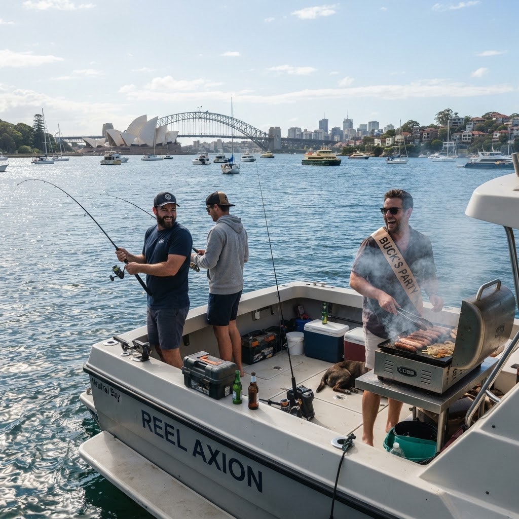 Mates fishing off the stern of a boat while another cooks sausages on a deck BBQ on Sydney Harbour