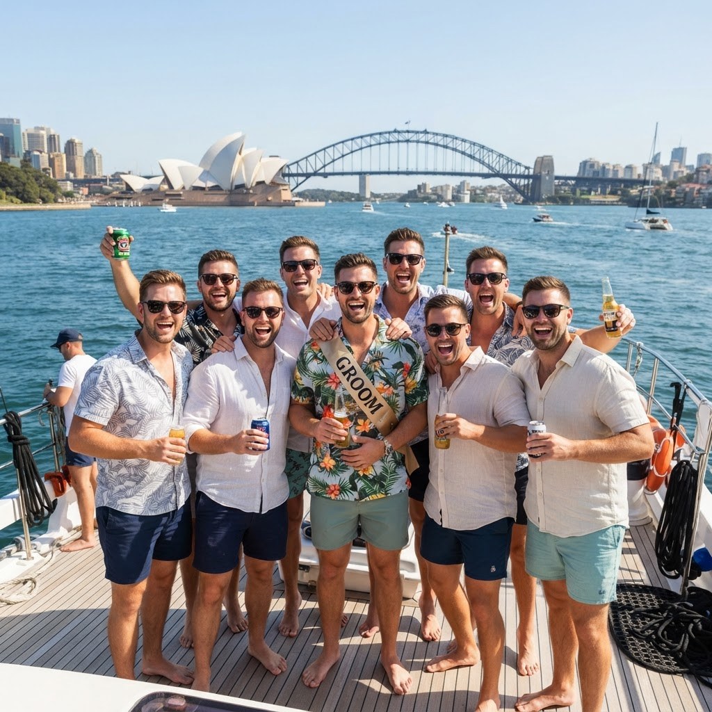 Group of mates in summer shirts holding beers on a boat deck with Sydney Harbour stretching to the heads behind them