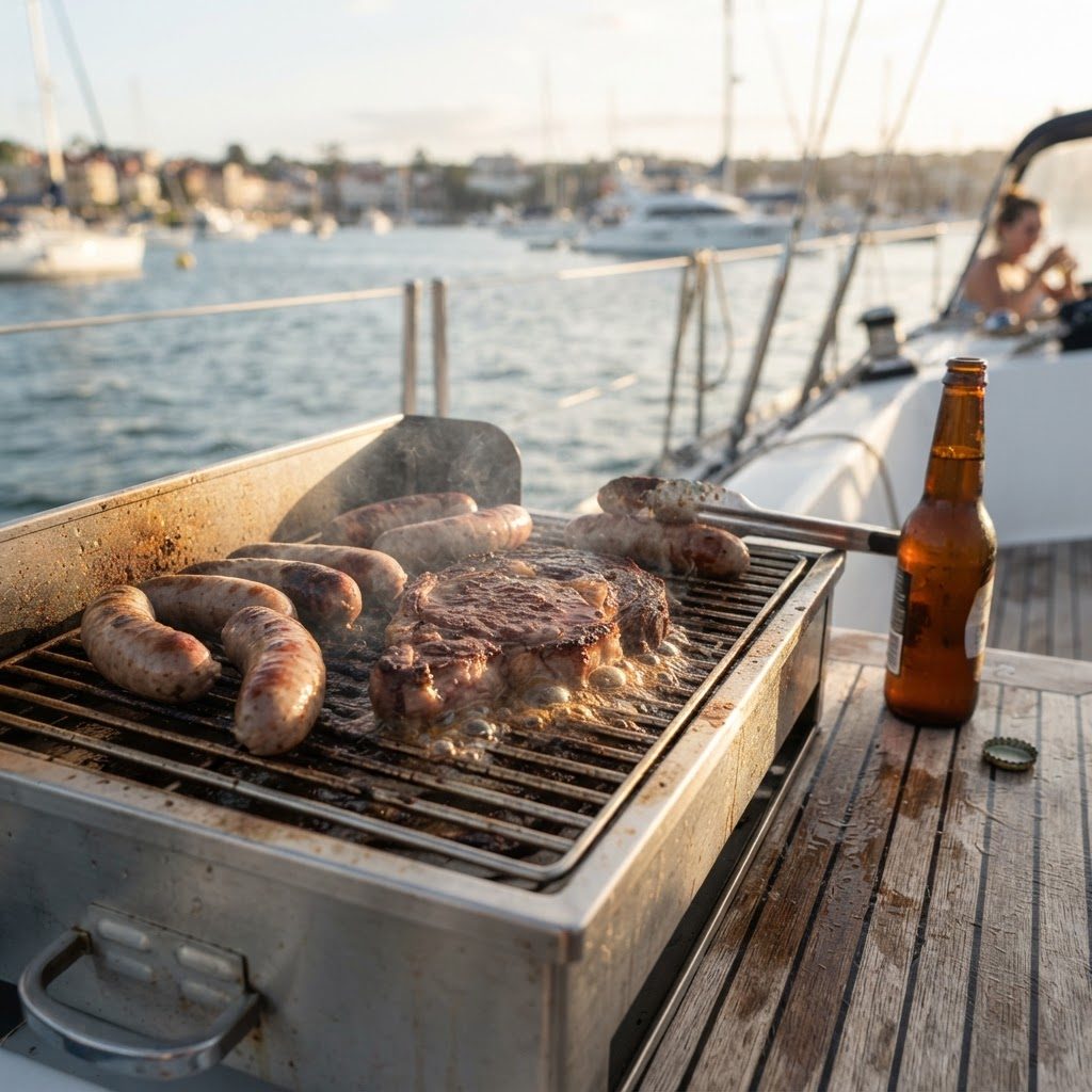 Sausages and steak sizzling on a BBQ grill on the back deck of a boat