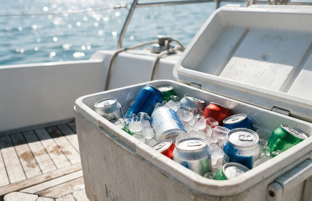 Open esky filled with ice, cold beers and soft drinks on the deck of a boat