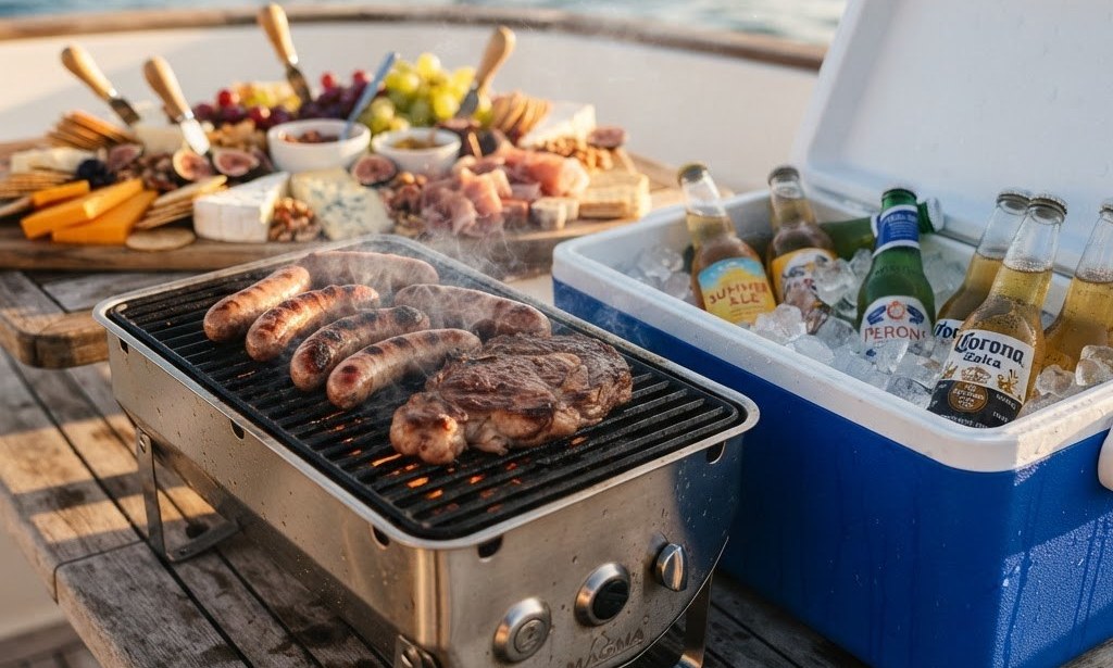 BBQ grill and esky of cold drinks ready on a boat deck table