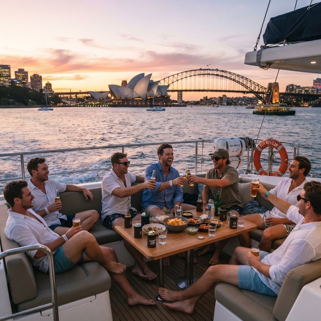 Friends lounging with drinks on the wide aft deck of a catamaran cruising Sydney Harbour at sunset with harbour lights glowing