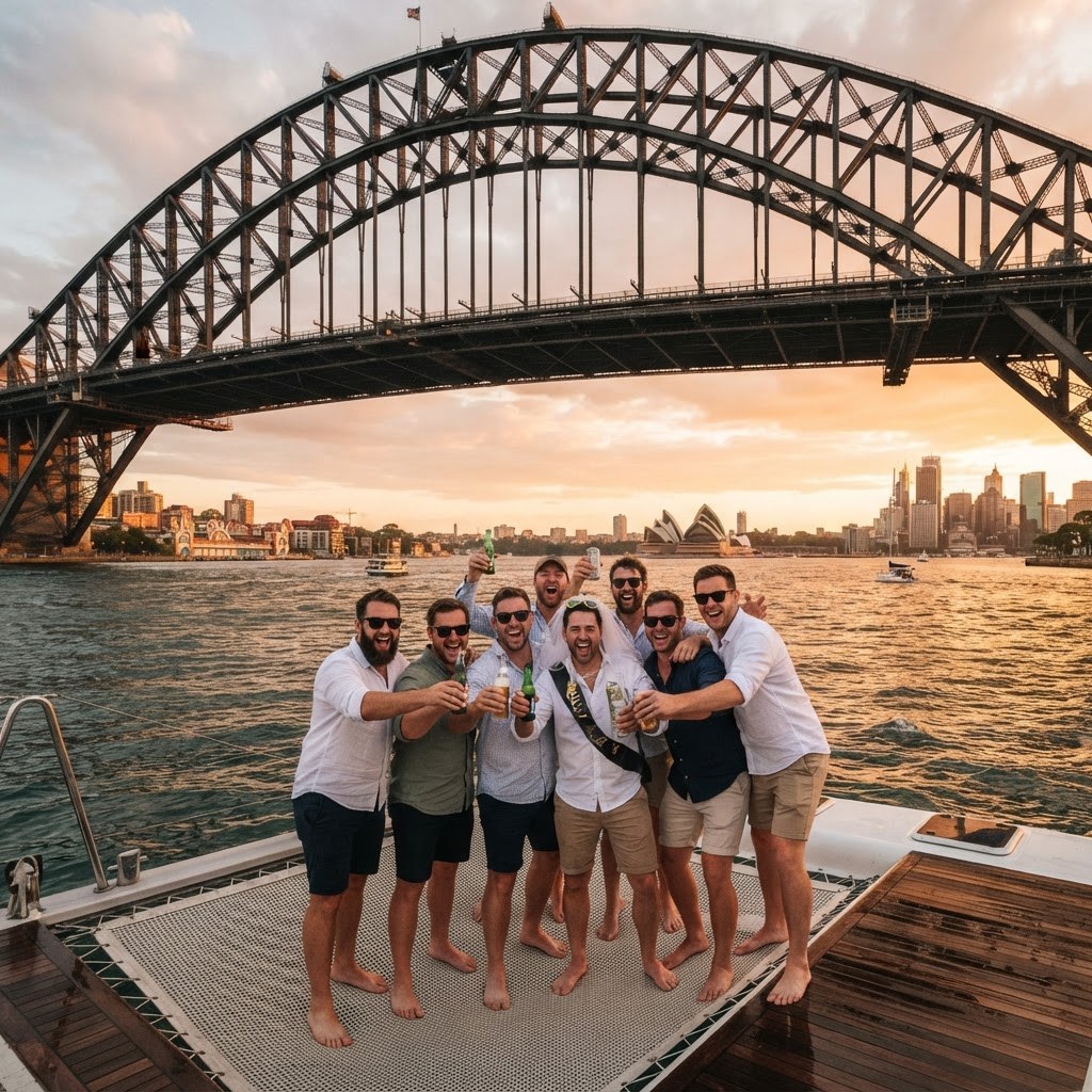 Group of mates raising drinks at the bow of a catamaran with the Harbour Bridge soaring overhead at golden sunset
