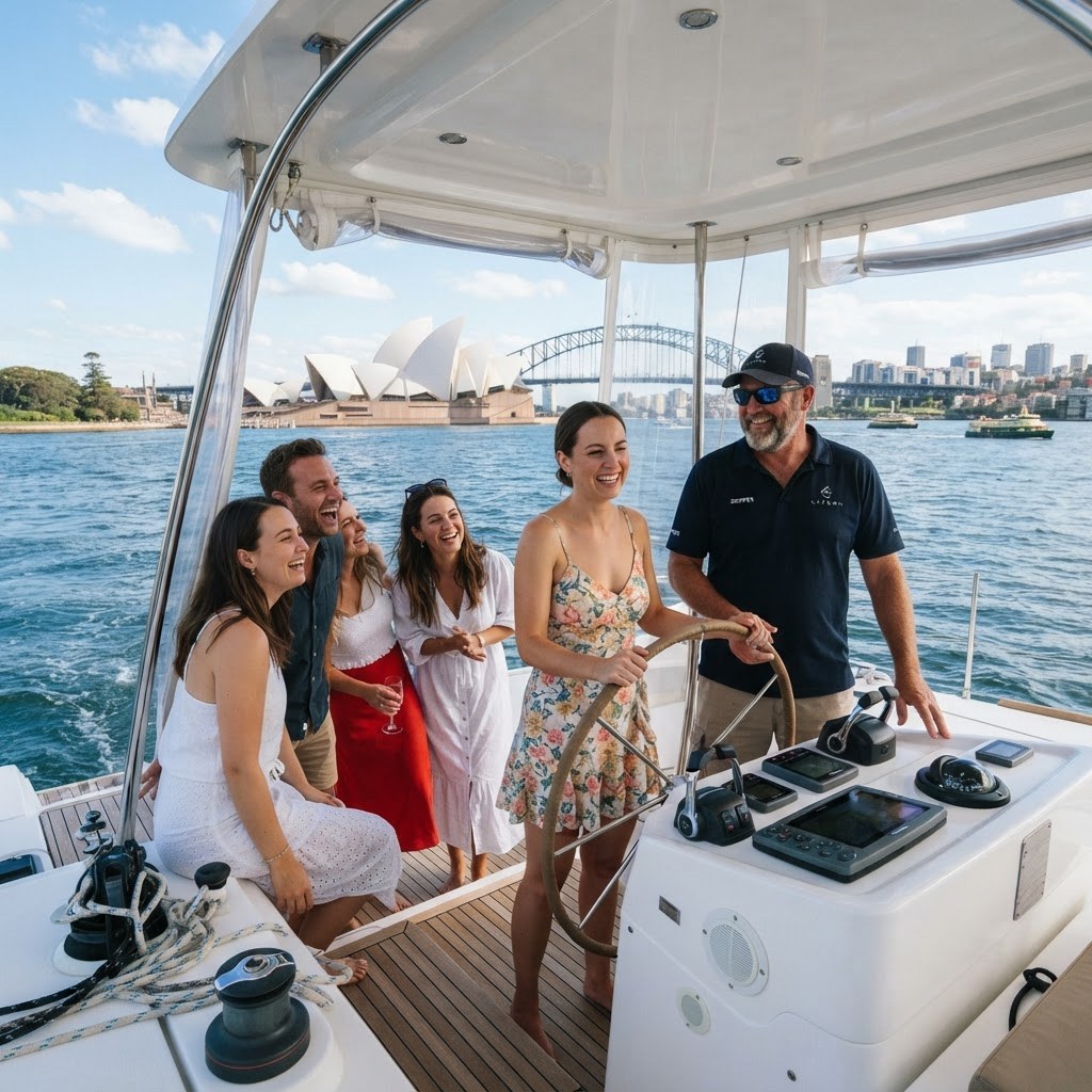 Guests taking a turn at the wheel of a catamaran under the skipper's watch with the Sydney Opera House ahead through the windscreen