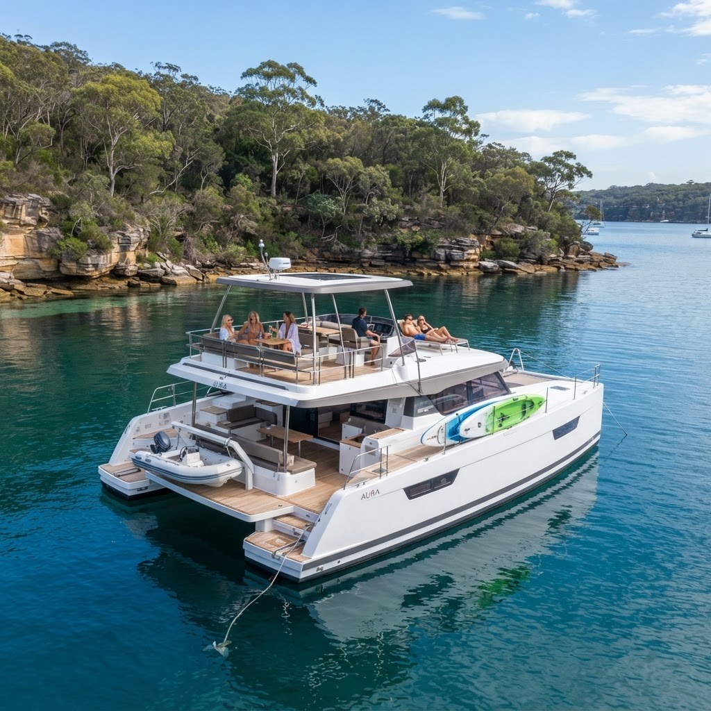 Luxury flybridge catamaran with guests on the top deck anchored in a secluded Sydney Harbour cove with cliff shoreline