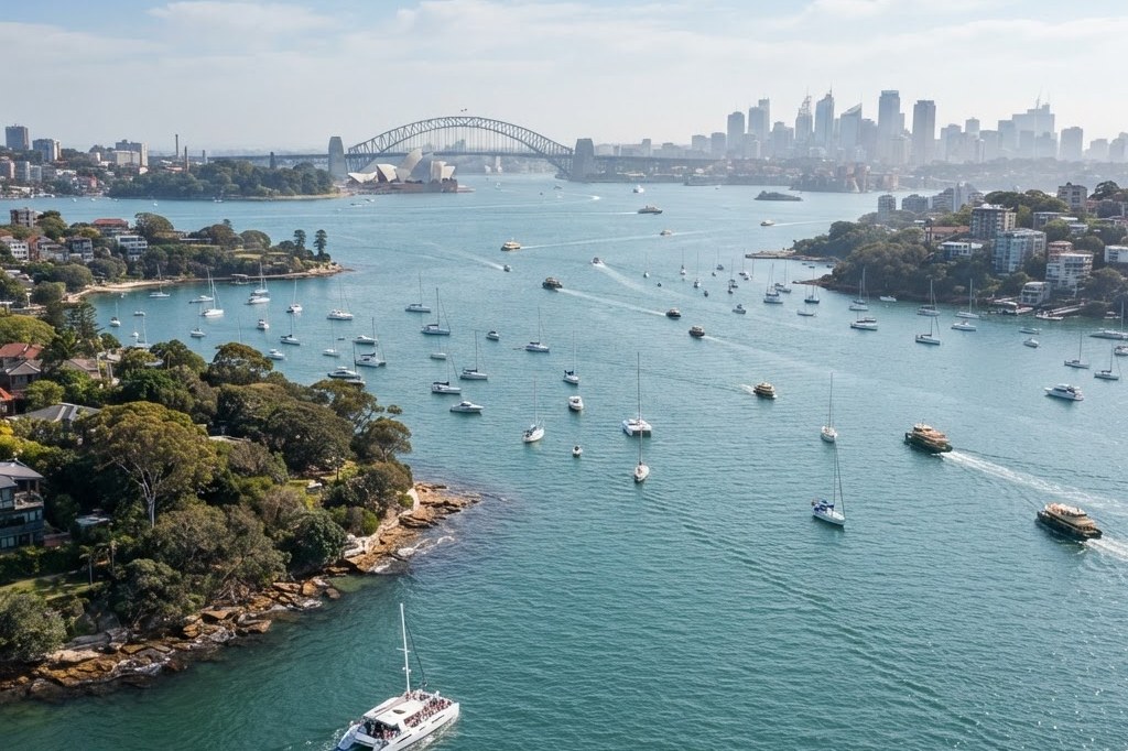 Sydney city skyline and Harbour Bridge seen across the harbour water from a boat on a clear day