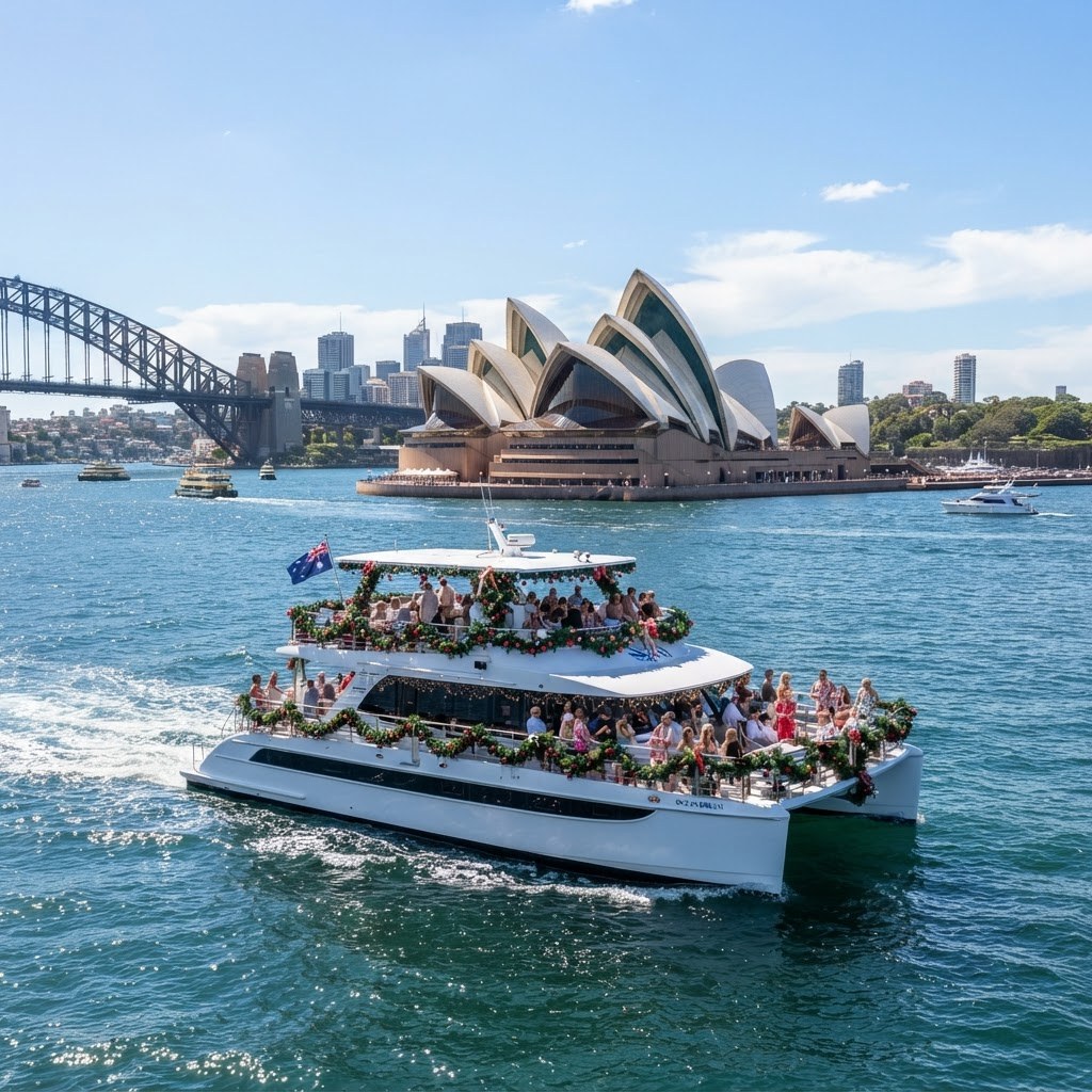 Catamaran with Christmas garlands and red baubles on its railings cruising past the Sydney Opera House on a sunny day