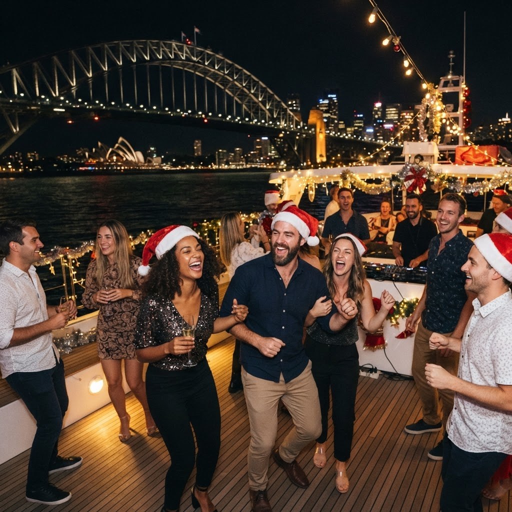 Guests in Santa hats dancing on a tinsel-decorated catamaran deck with the Harbour Bridge behind them at night