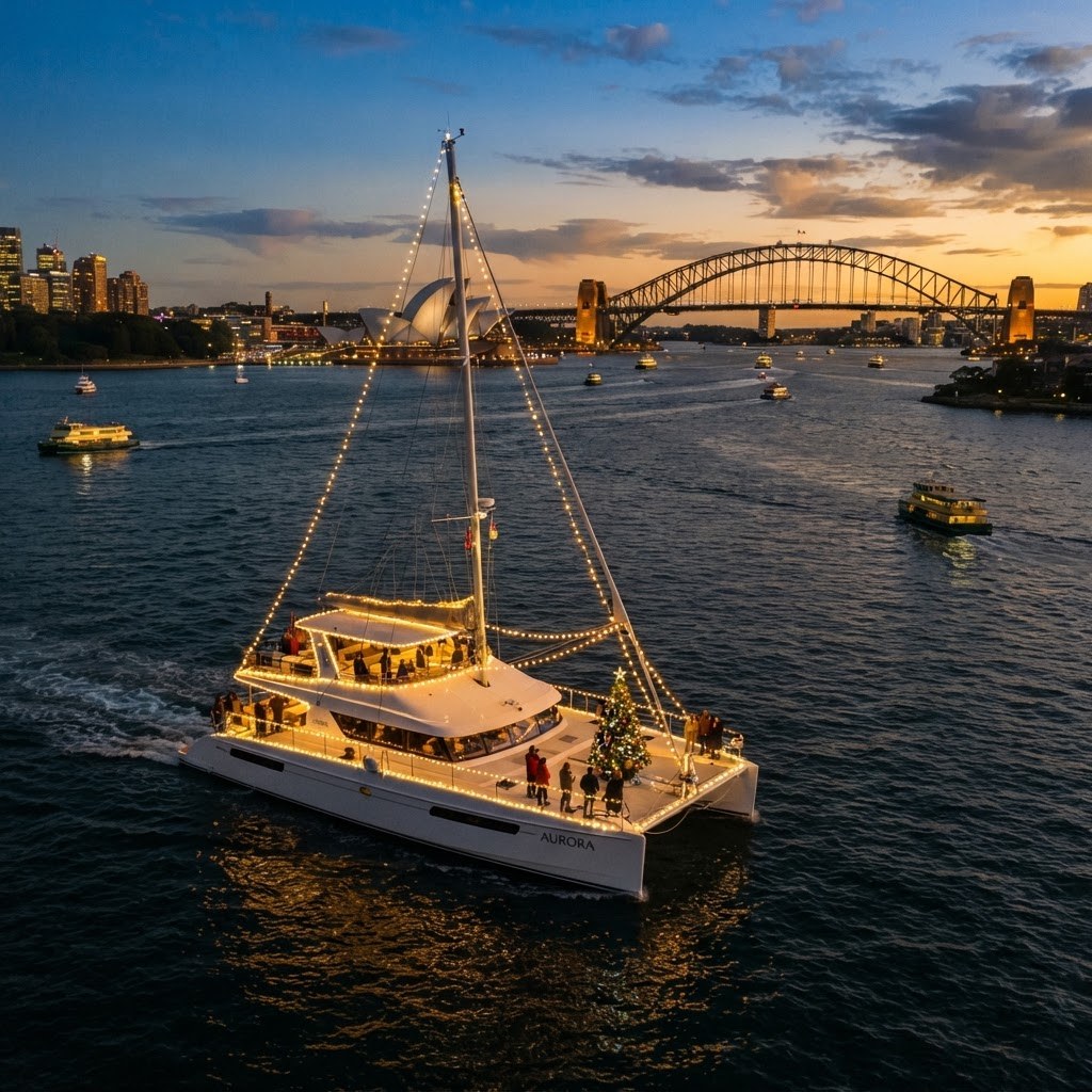 Luxury catamaran decorated with Christmas fairy lights cruising Sydney Harbour at dusk with the Opera House behind it