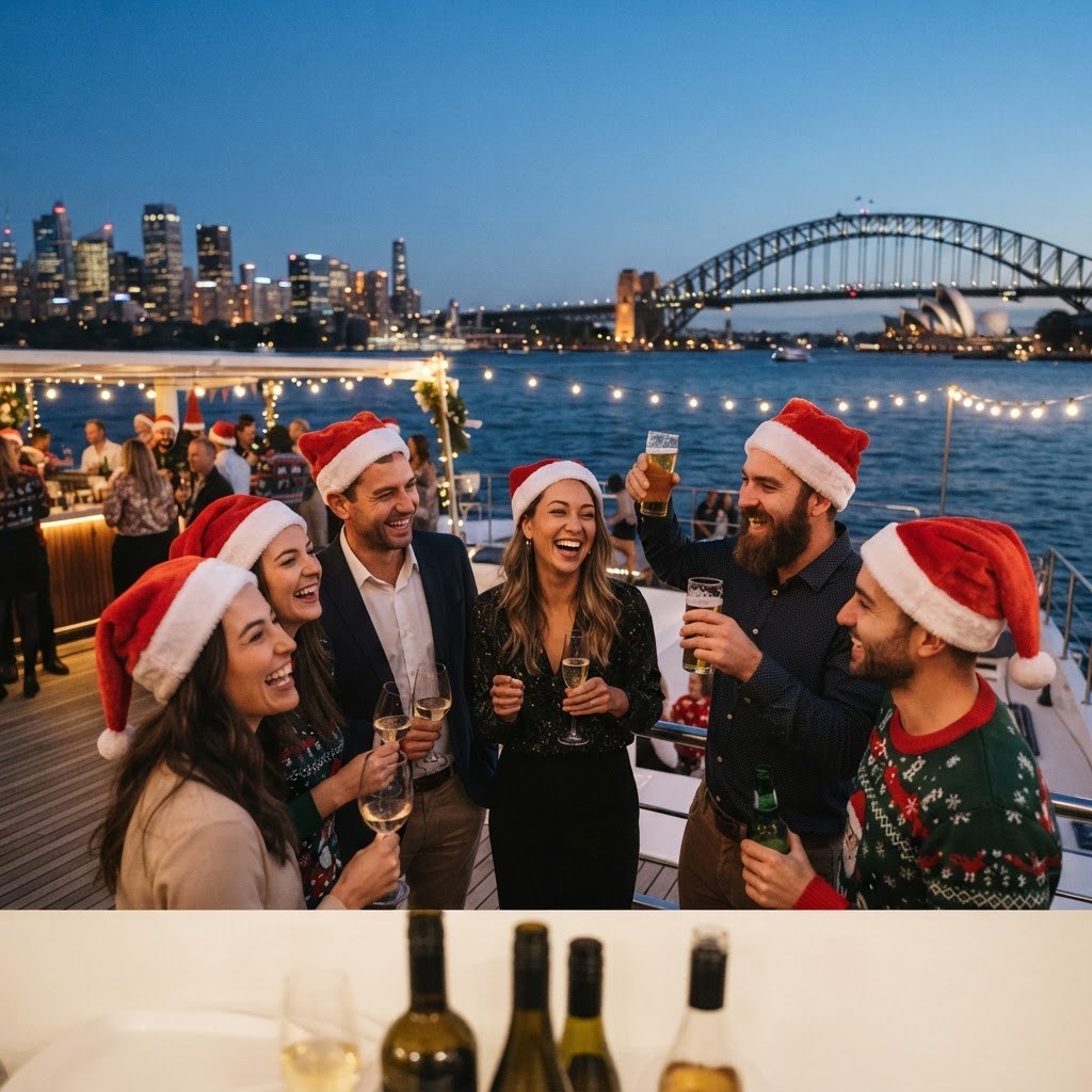 Colleagues in Santa hats celebrating a work Christmas party on a catamaran deck with the Harbour Bridge behind them
