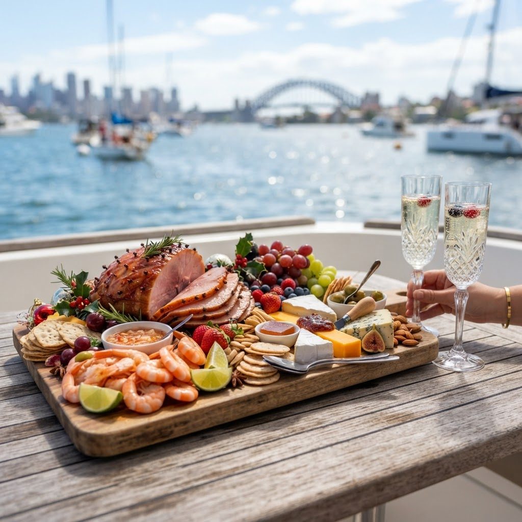 A festive grazing platter with glazed ham, prawns and summer fruit set out on a catamaran's timber deck table
