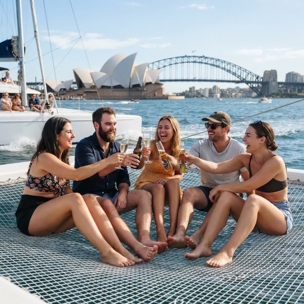Friends toasting champagne on the bow netting of a catamaran with the Sydney Opera House across the water