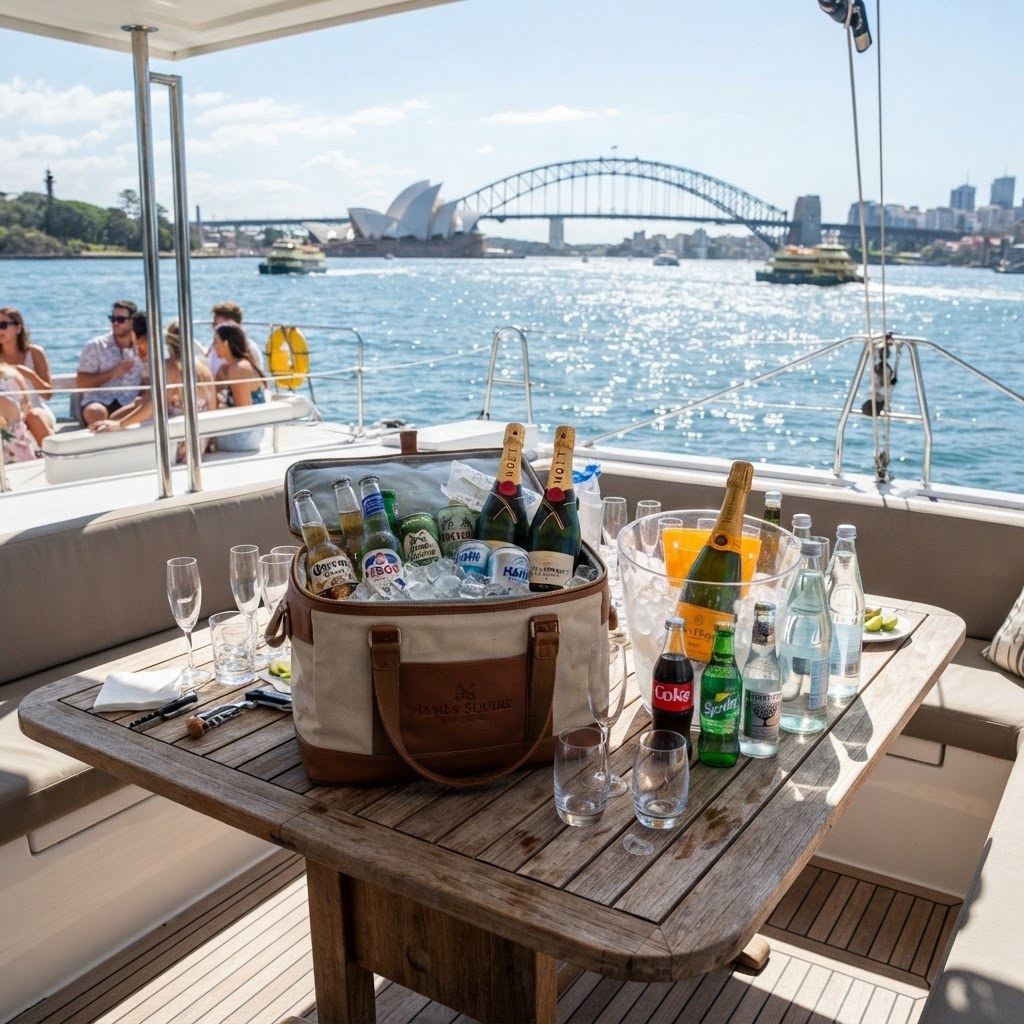 BYO drinks cooler with beers, champagne and ice laid out on a catamaran cockpit table on Sydney Harbour