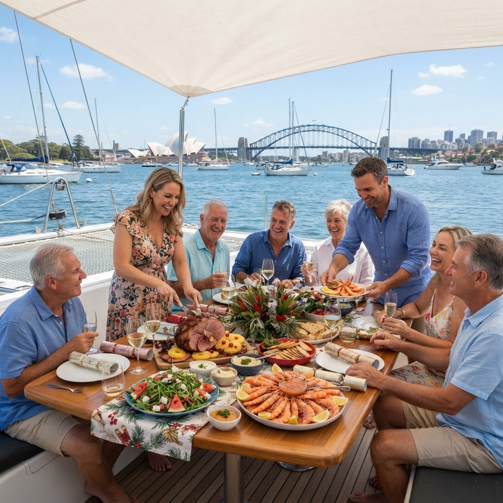 Christmas lunch table on a catamaran deck with glazed ham, prawn platters and salads under a shade sail with a harbour anchorage behind