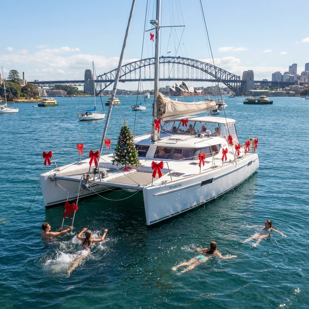 Catamaran at anchor with red Christmas bows on the railings and a decorated tree on the foredeck, swimmers in the water, Harbour Bridge in the distance