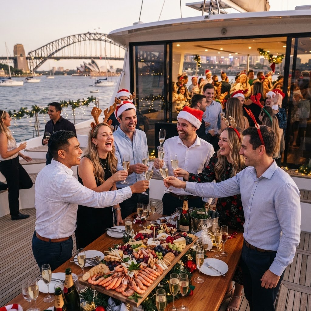 Colleagues in Santa hats celebrating a work Christmas party on a catamaran deck with the Harbour Bridge through the saloon windows