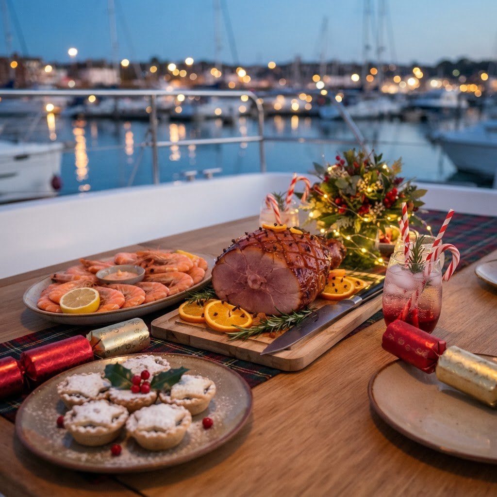 Close-up of Christmas party catering on a catamaran with glazed ham, prawn platter, festive cocktails and mince pies on the deck table