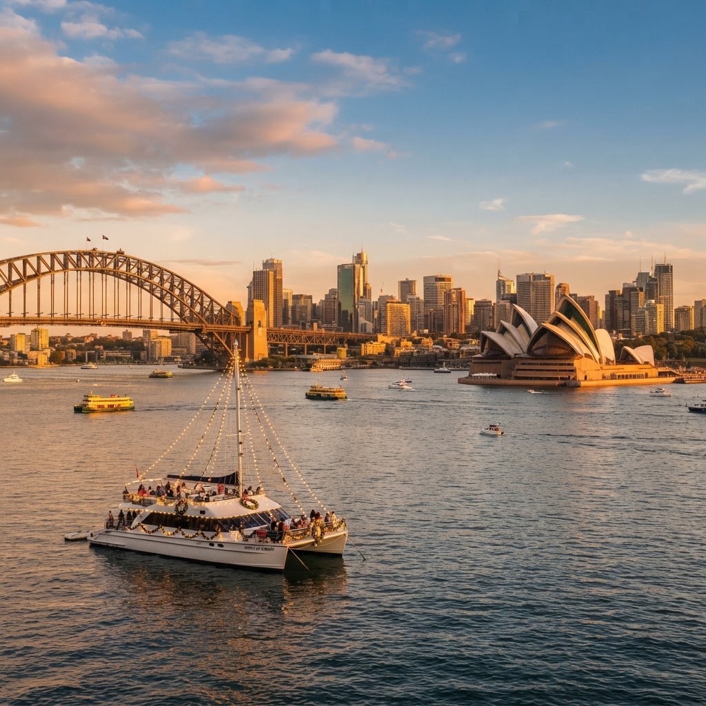 Wide view of Sydney Harbour with the Opera House and Harbour Bridge in warm December light with a decorated Christmas catamaran anchored in the foreground