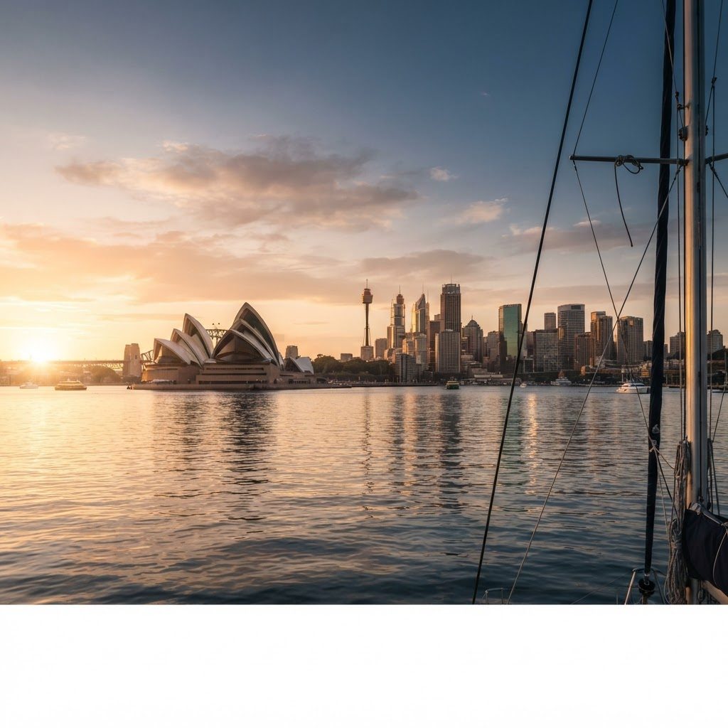 Sydney Opera House and harbour skyline seen from the water at golden hour