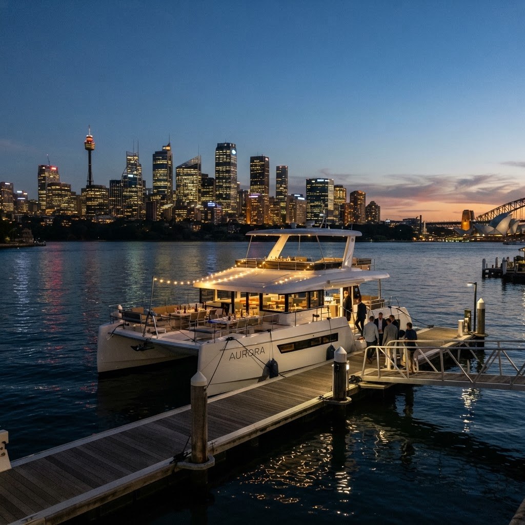 Large white catamaran moored at a private jetty in front of the lit-up Sydney CBD skyline at dusk awaiting corporate guests