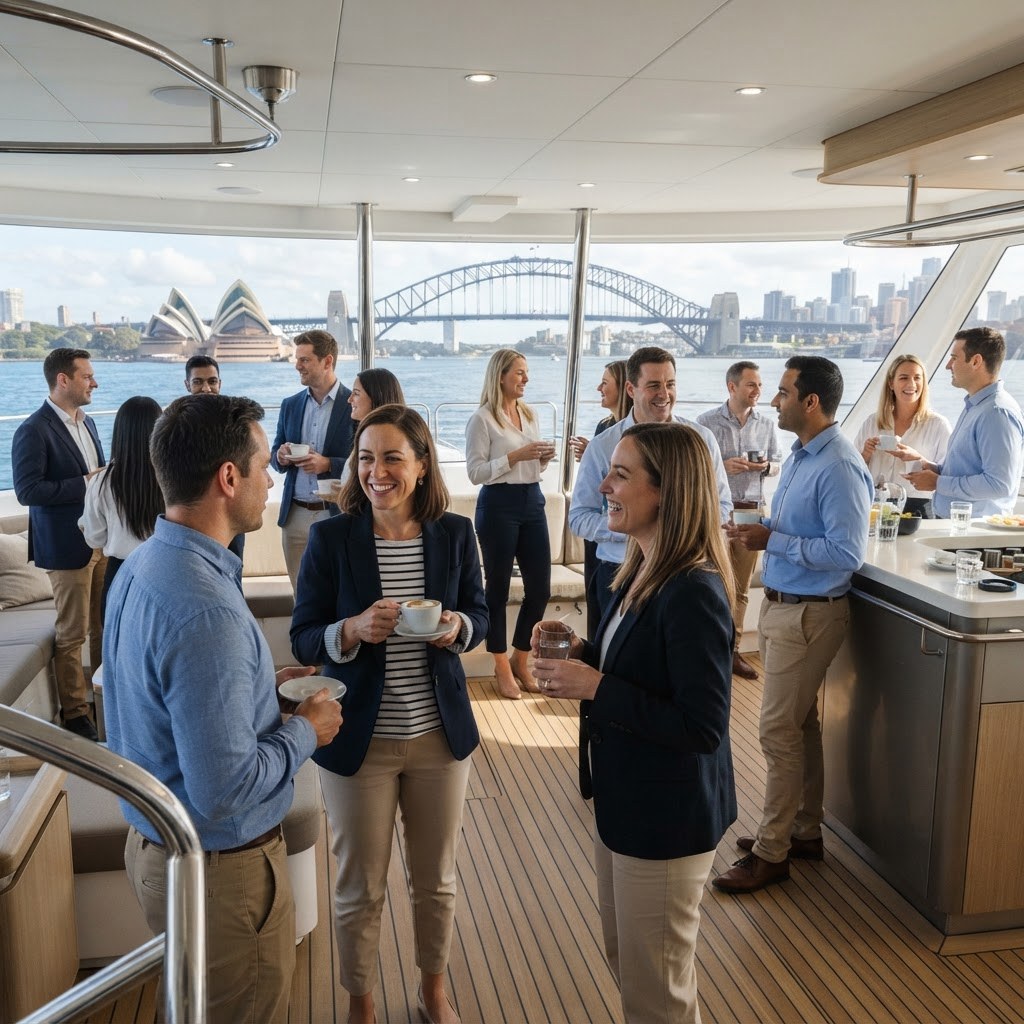 Business professionals networking with coffee on a catamaran saloon deck during a corporate team offsite with the Sydney skyline past the windows