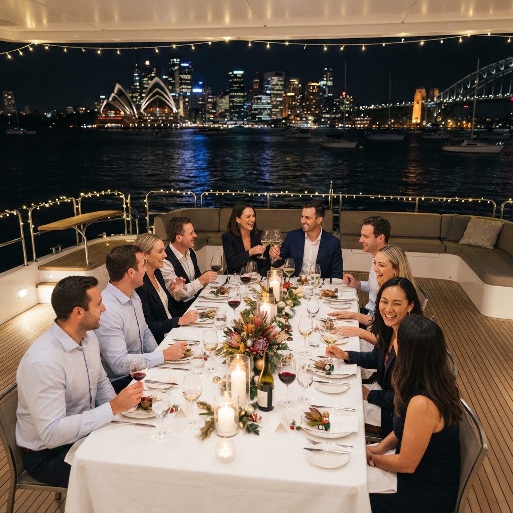 Elegant linen-dressed dinner table with wine glasses and candles on a catamaran deck at night on Sydney Harbour