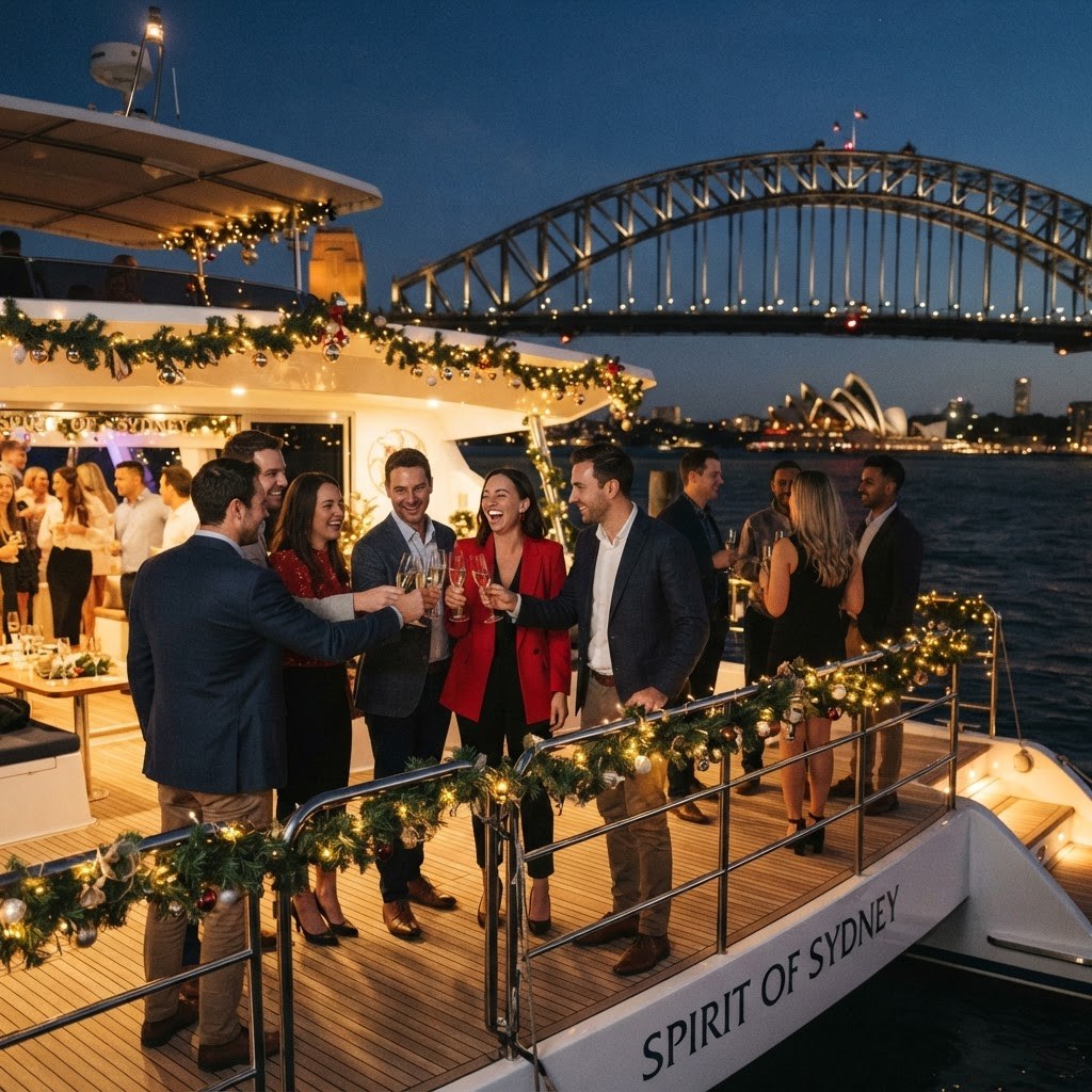 Corporate group toasting on a catamaran deck with Christmas garlands and the floodlit Harbour Bridge behind them