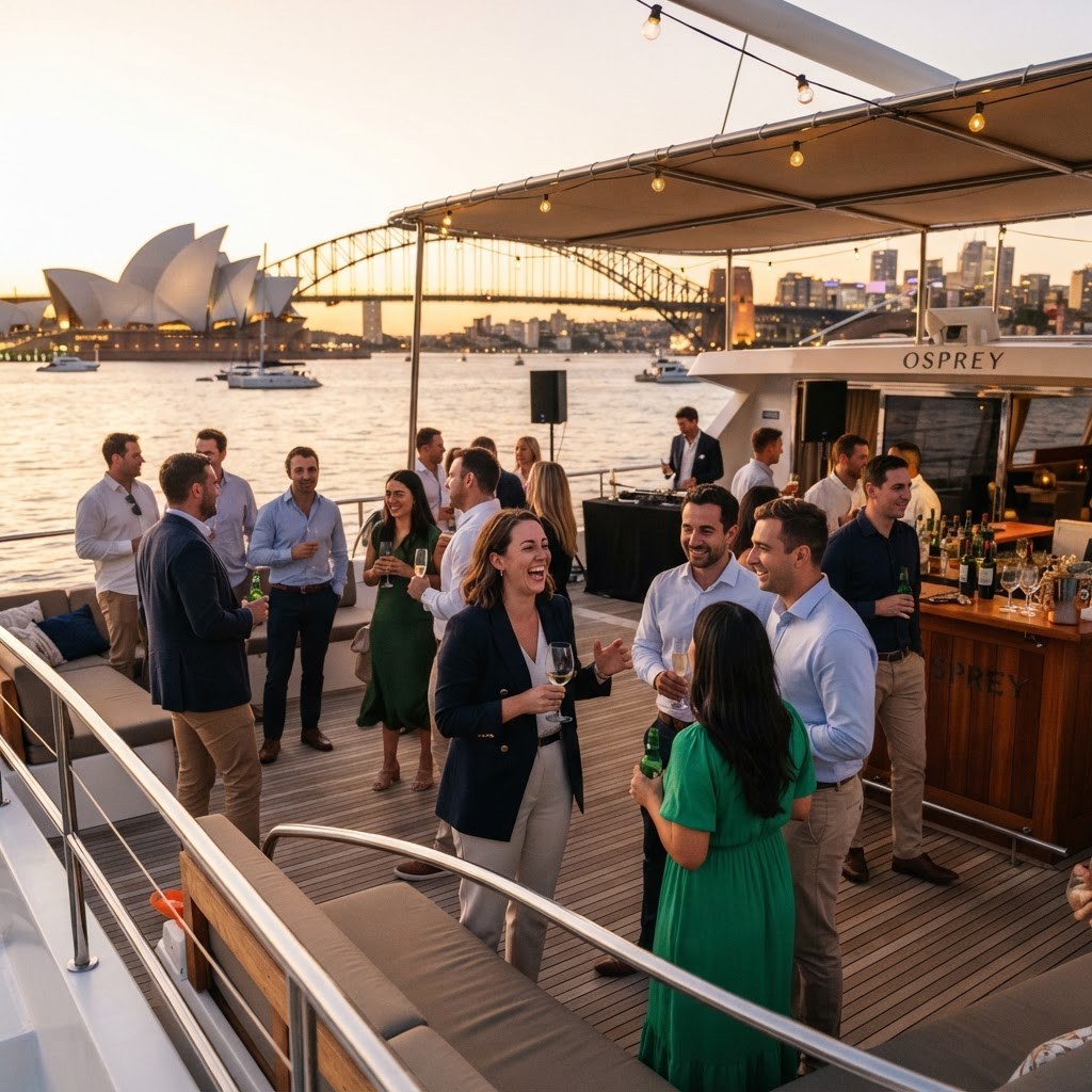 Corporate team mingling with drinks on a catamaran aft deck at golden hour with the Sydney skyline behind