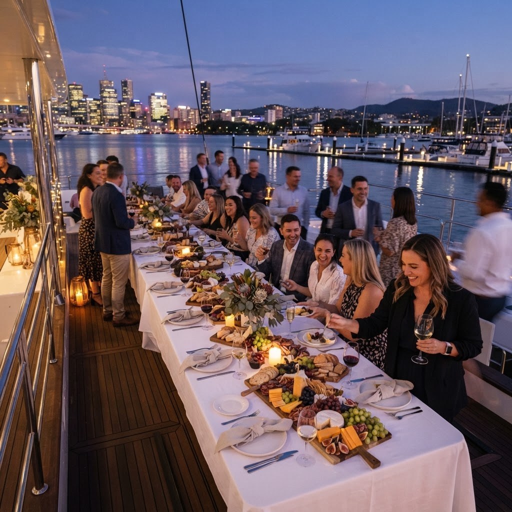 Long table on a catamaran deck set with antipasto grazing platters and drinks for an end of year function at dusk