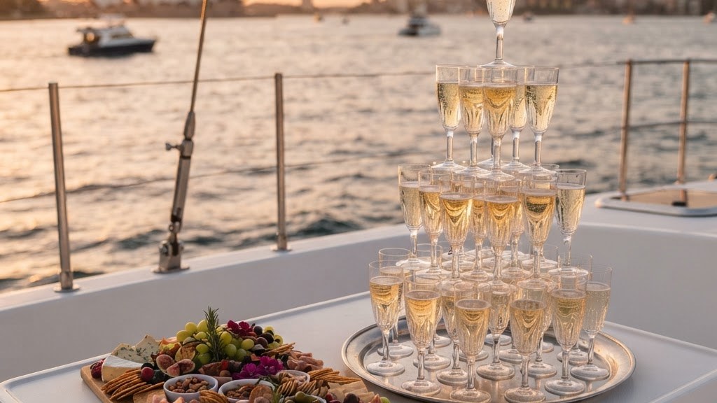 Champagne glasses and grazing platter arranged on a catamaran deck for a hens party celebration