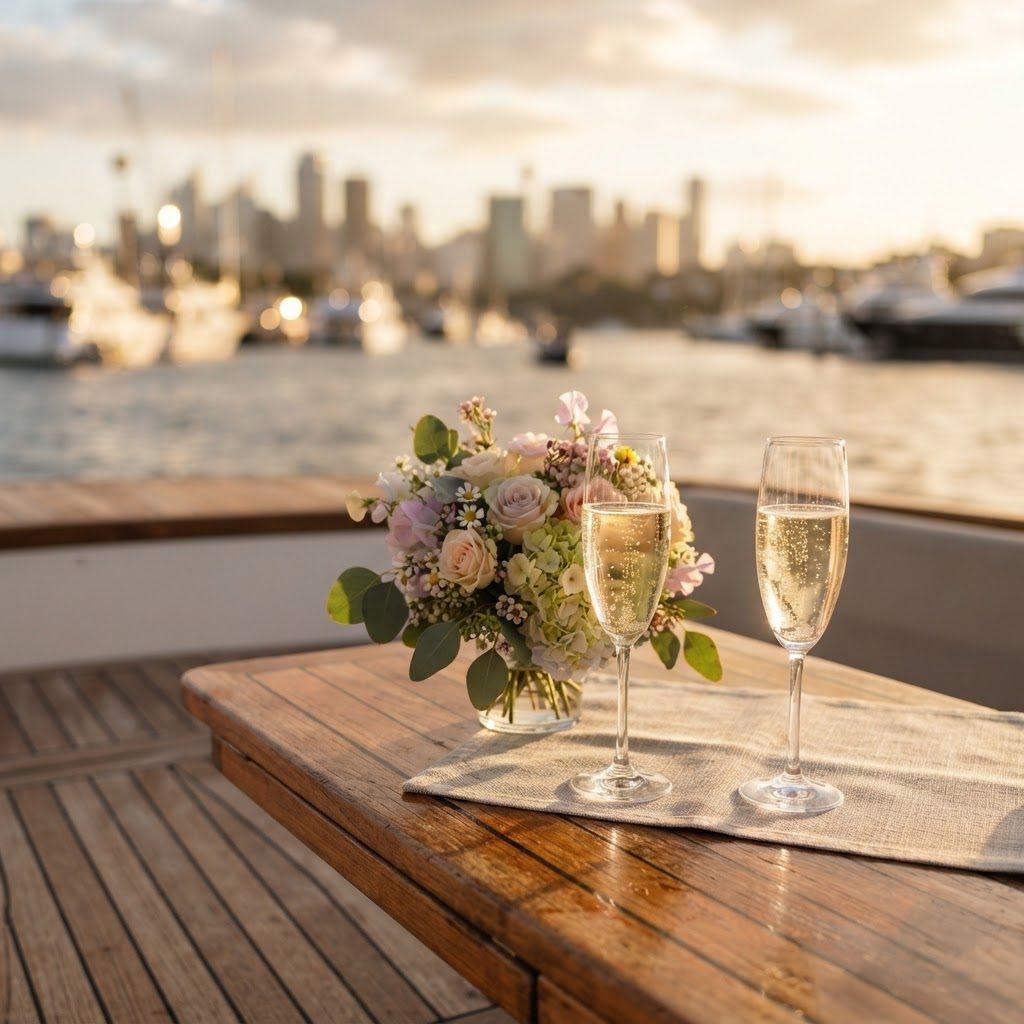 Champagne flutes and fresh flowers arranged on a boat's timber deck table