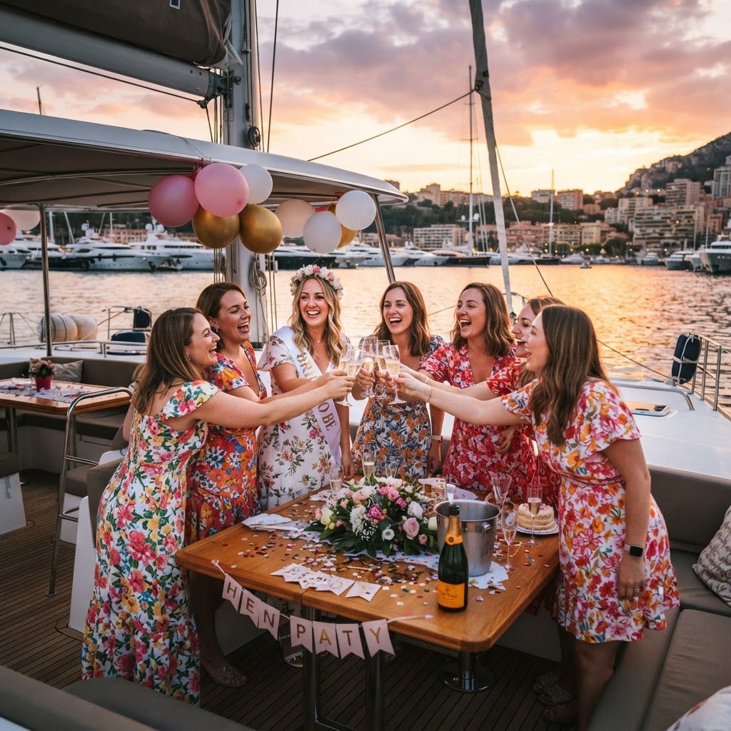 Women in floral dresses toasting champagne around a balloon-decorated table with the bride in a sash on a catamaran deck at sunset