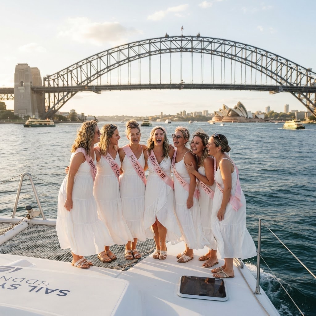 Women in matching white dresses and sashes posing on a catamaran bow with the Harbour Bridge towering behind them