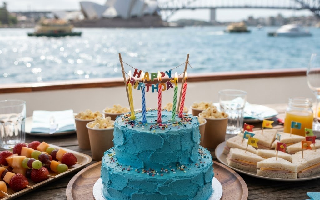 Birthday cake with candles surrounded by party food platters ready for a harbour boat party